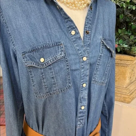 GAP Blue Long Sleeve Vintage Denim Pearl Snaps Dress with pockets - Picture 10 of 15